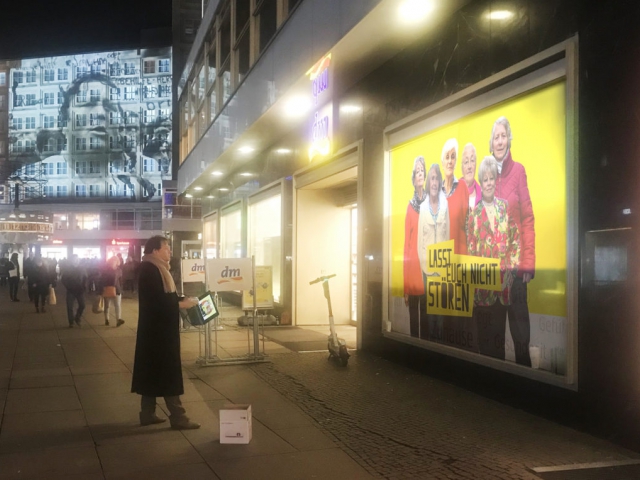Nika Dubrovsky and David Graeber (The Yes Women), "Never Mind Us!", 2019, Public installation in Alexanderplatz, Berlin, Dimensions variable. 