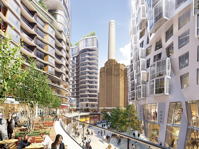 Electric Boulevard with Foster + Partners' "Battersea Roof Gardens" on the left and Gehry Partners' "Prospect Place" on the right. Image Courtesy of Battersea Power Station.