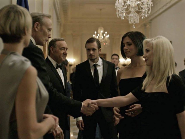 'House of Cards'(Netflix), 3 episode, film still, 2015   President Petrov greets members of Pussy Riot together with U.S. president Frank Underwood and his wife at the White House